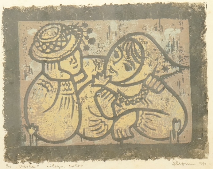 20th century School, Study of two figures, indistinctly signed and inscribed in pencil, colour lino cut, numbered 1/10 and dated ‘94., 34 x 48cm